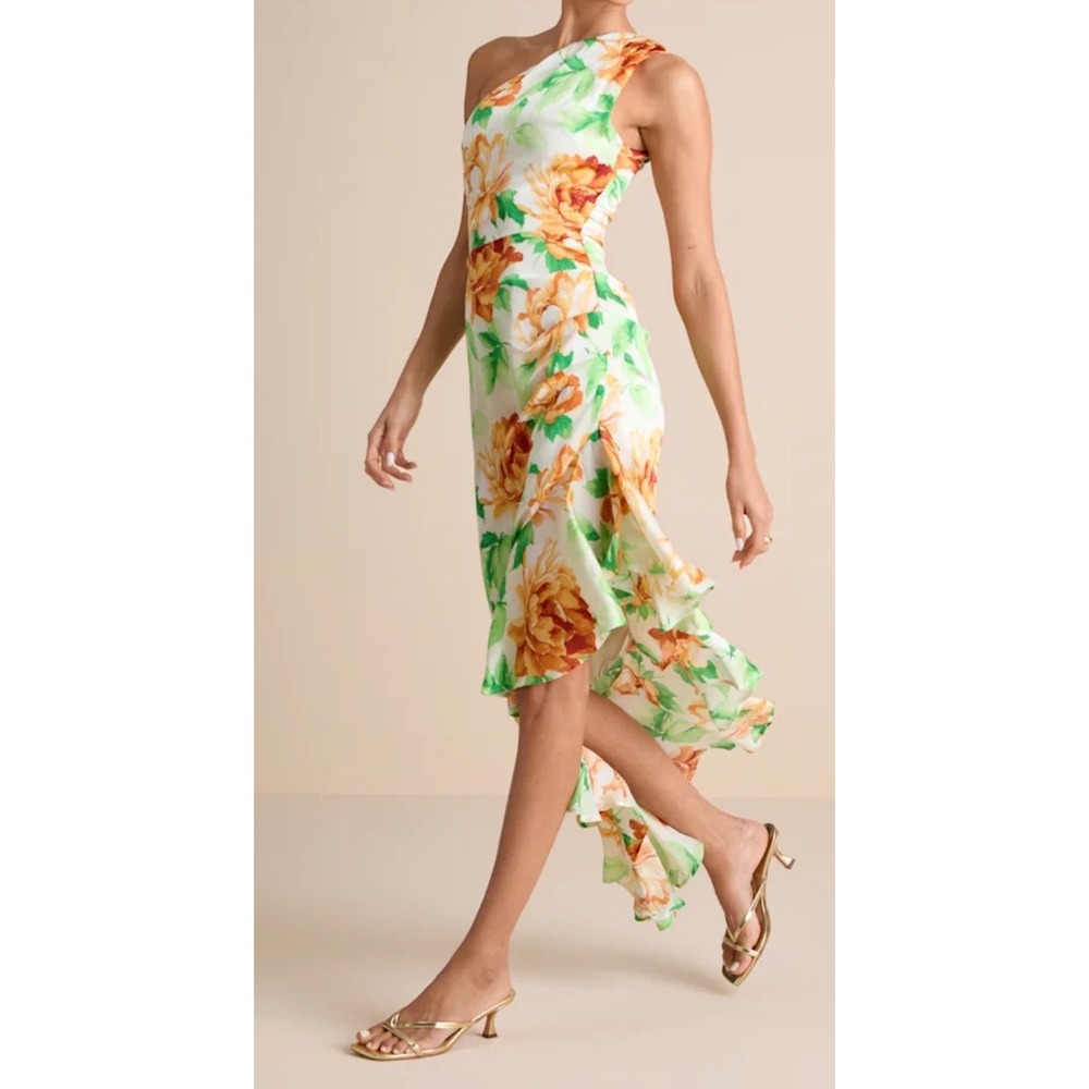 NWT Lulus Medium Divinely Blooming White‎ Multi Floral One-Shoulder Midi Dress